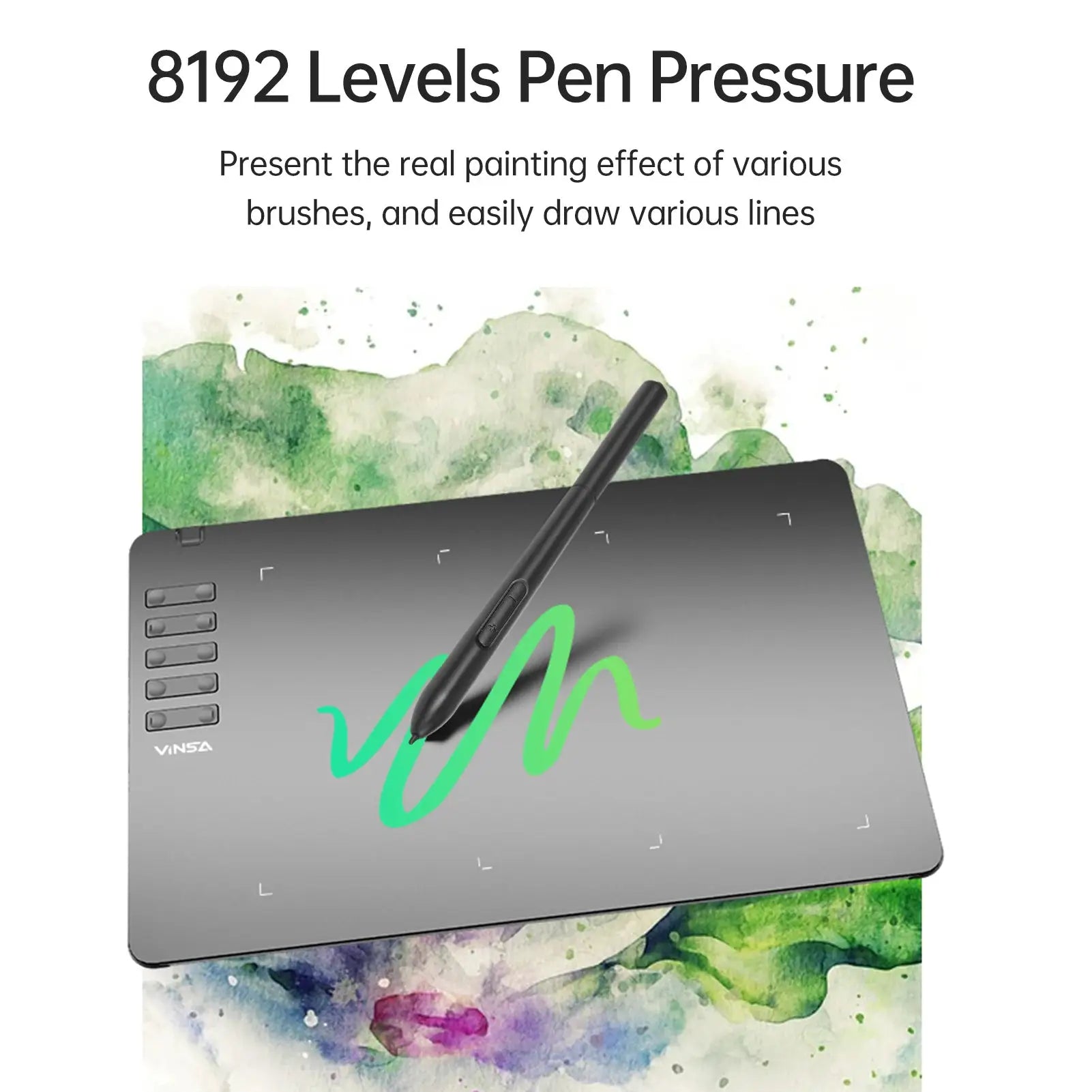 VINSA T1161 graphics drawing tablet with battery-free stylus, slim gray body, 8192-level pressure, 8 nibs included