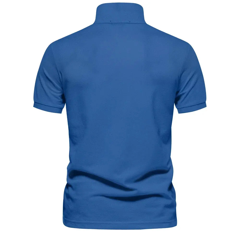Men's blue cotton polo shirt with short sleeves, back view