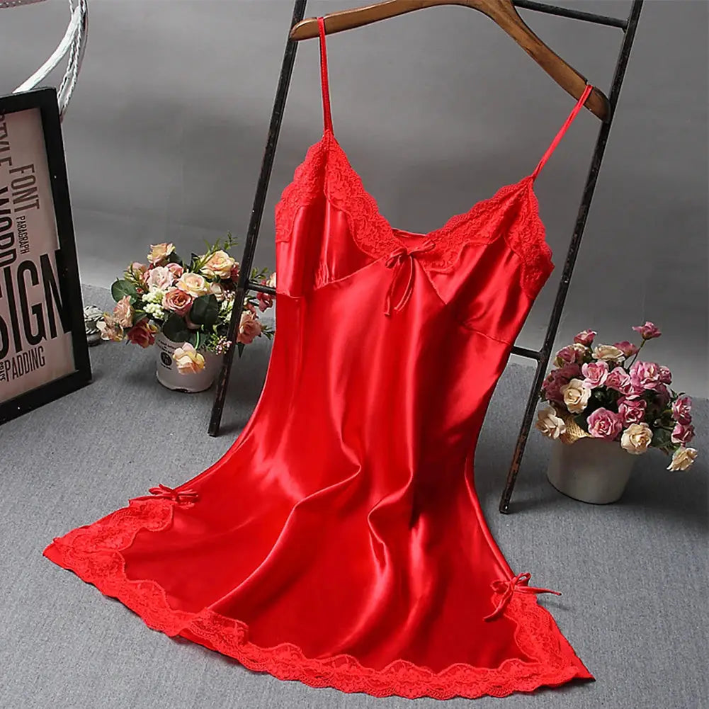 LaceLux Sexy Lace Patchwork Nightwear Lingerie Nightgown Soft Satin Polyester V Neck Lace Accents