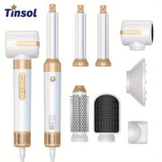 Tinsol 7-in-1 hair dryer brush kit by Simples Market in white and rose gold with multiple attachments.