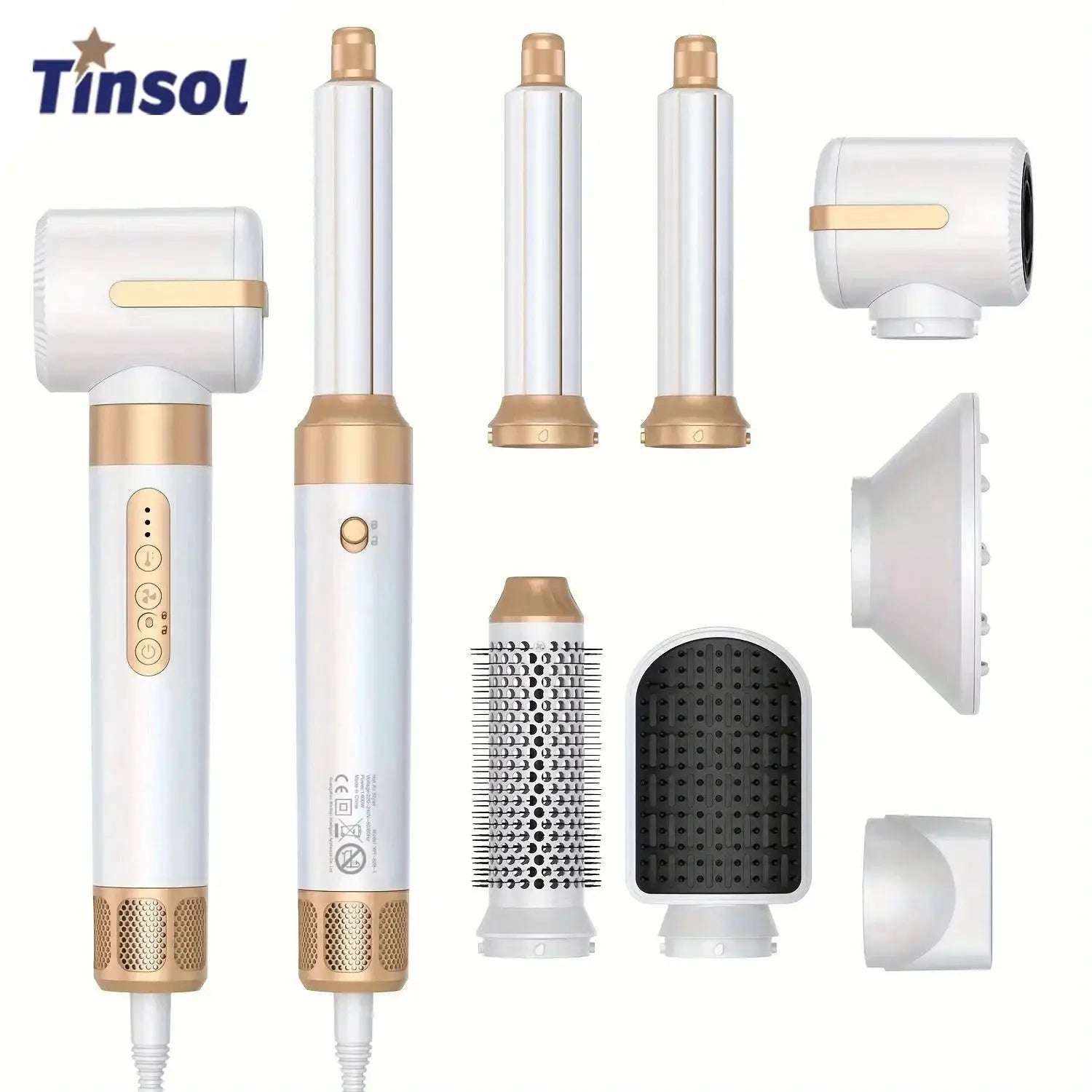 Tinsol 7-in-1 hair dryer brush kit by Simples Market in white and rose gold with multiple attachments.