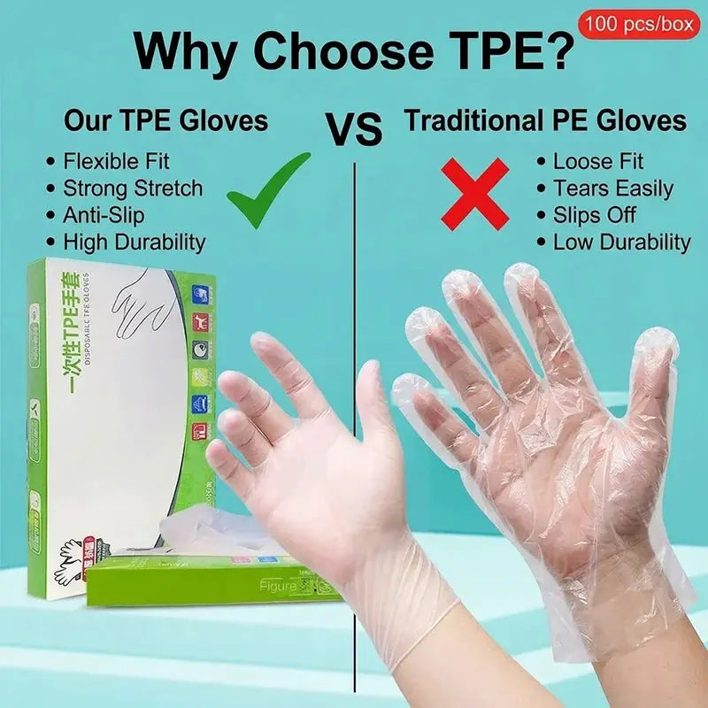 Simples Market disposable TPE gloves, powder- and latex-free, clear food-safe dishwashing gloves (100 pcs/box)