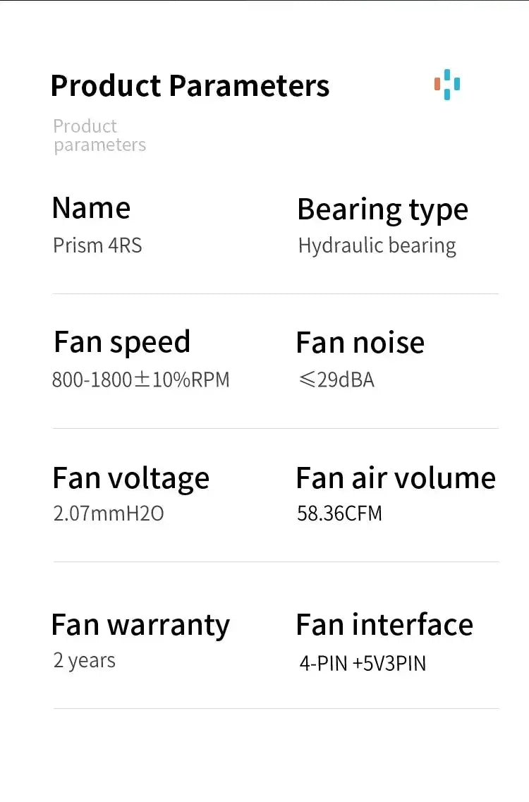 Prism 4RS 120mm PC fan hydraulic bearing, 800–1800 RPM, ≤29dBA, 58.36CFM, 4-PIN +5V3PIN, 2-yr warranty