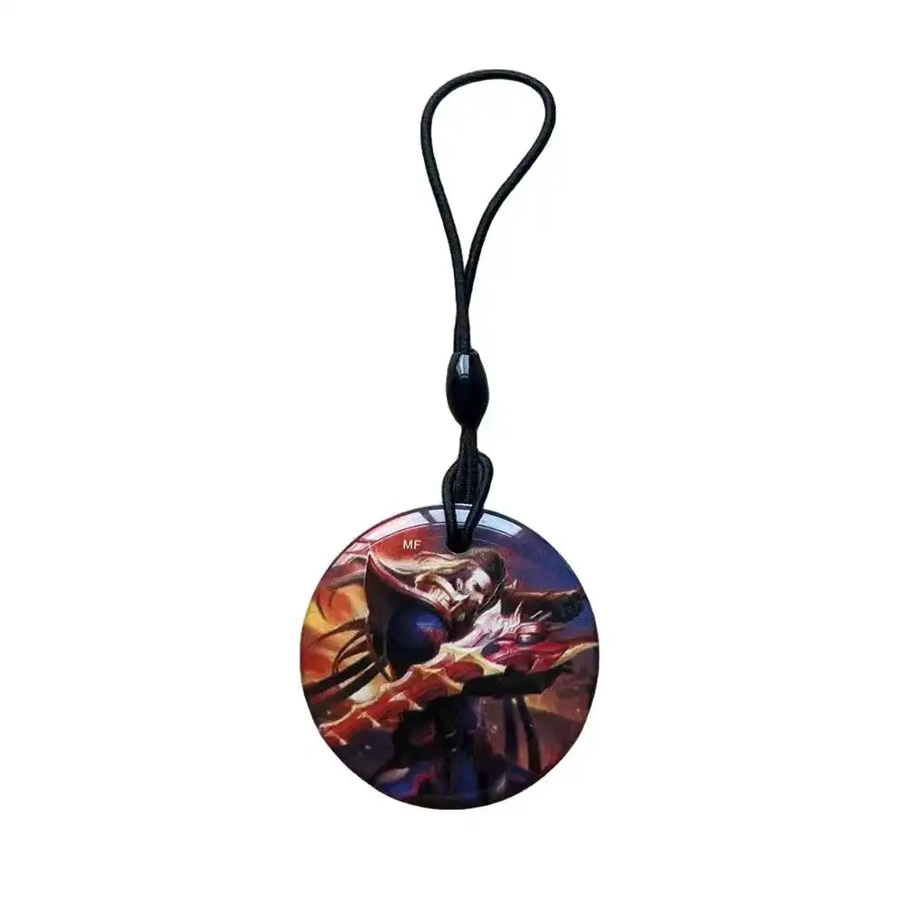 Simples Market round RFID keyfob with colorful graphic pattern on black lanyard, 13.56MHz UID NFC