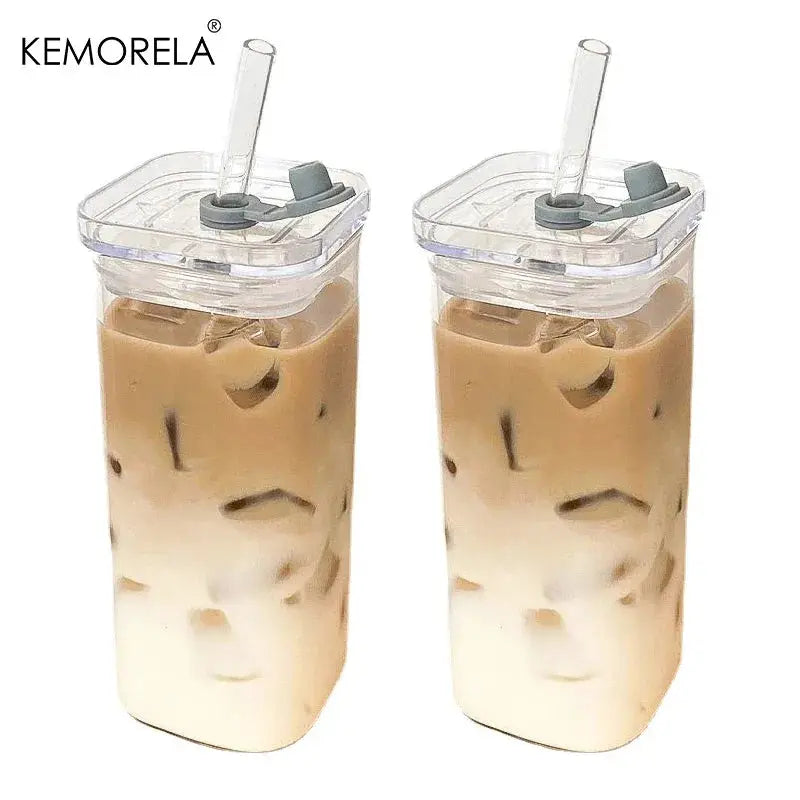 Square Heat Resistant Glass Transparent Cups With Lids And Straws Set Of 1 2 4 6 For Coffee Milk Tea Juice Mug