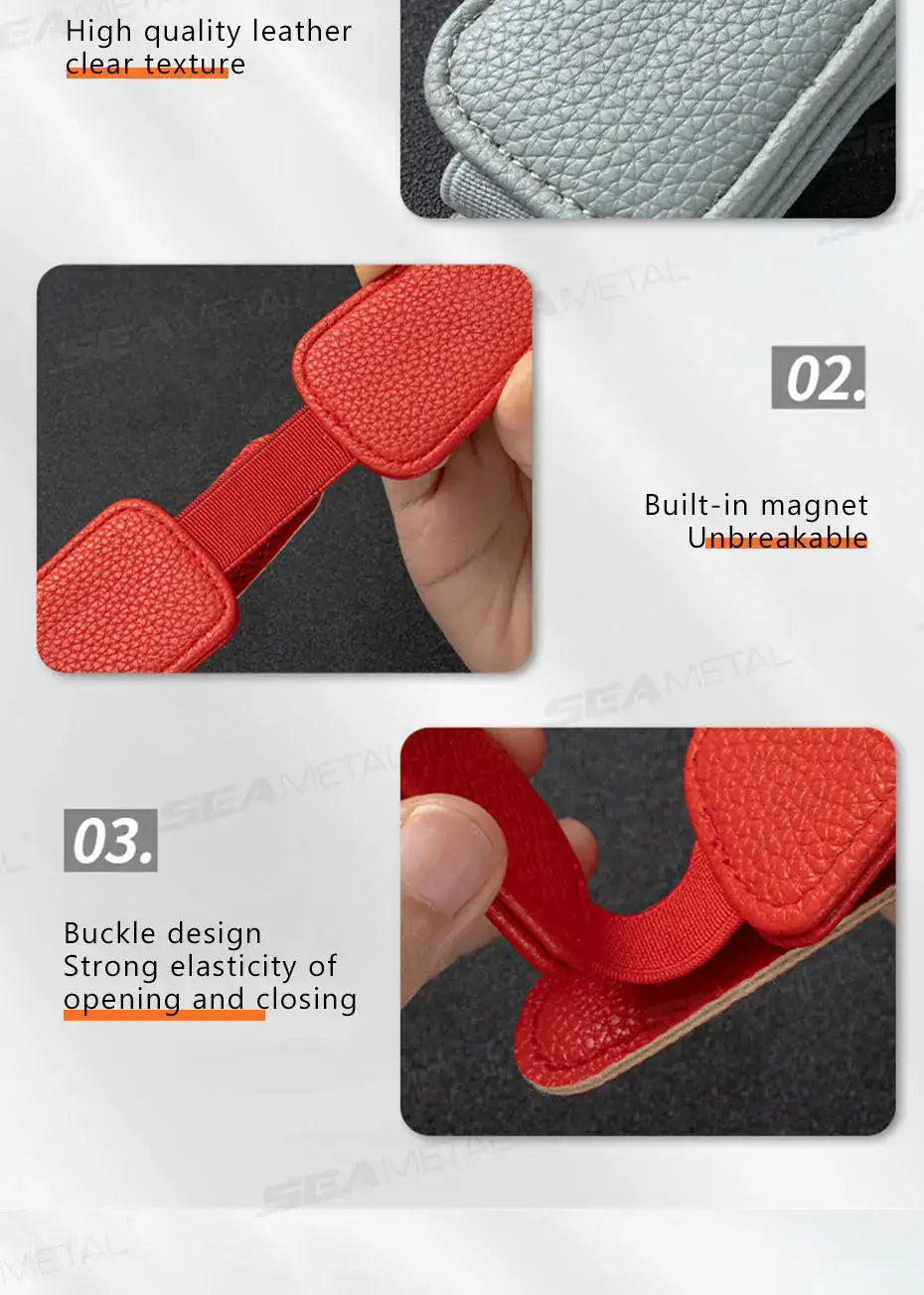 BLALION car sun visor clip glasses holder in red PU leather with buckle strap