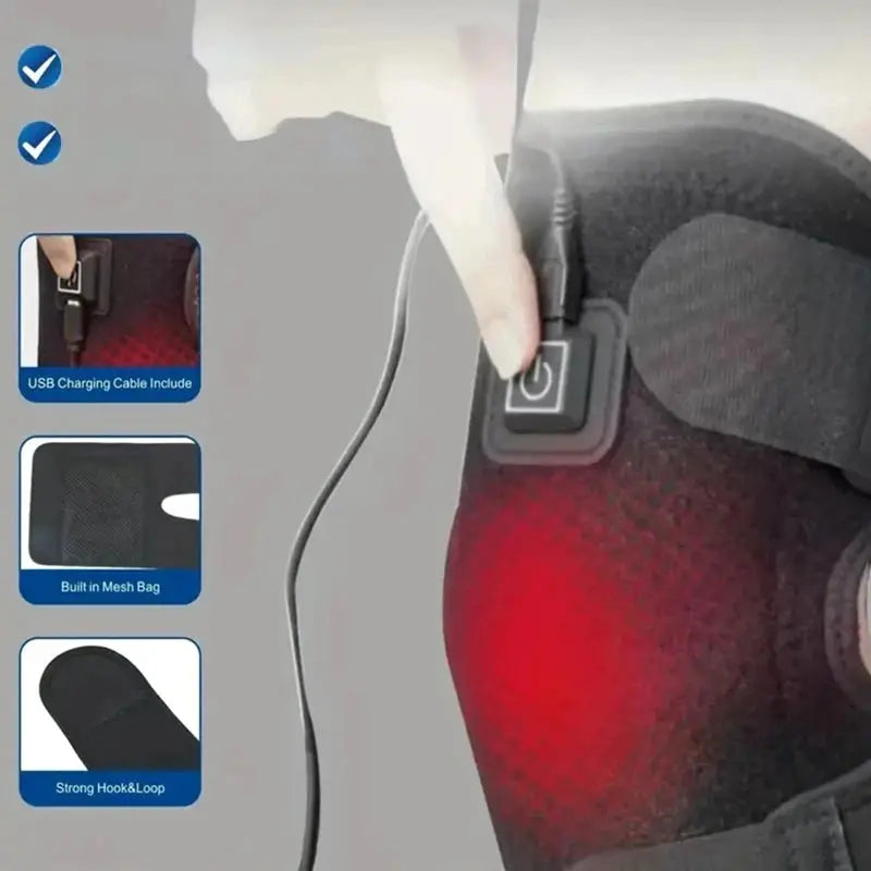Electric Knee Heating Pad by Simples Market; USB-powered knee brace with adjustable wrap, includes USB cable.