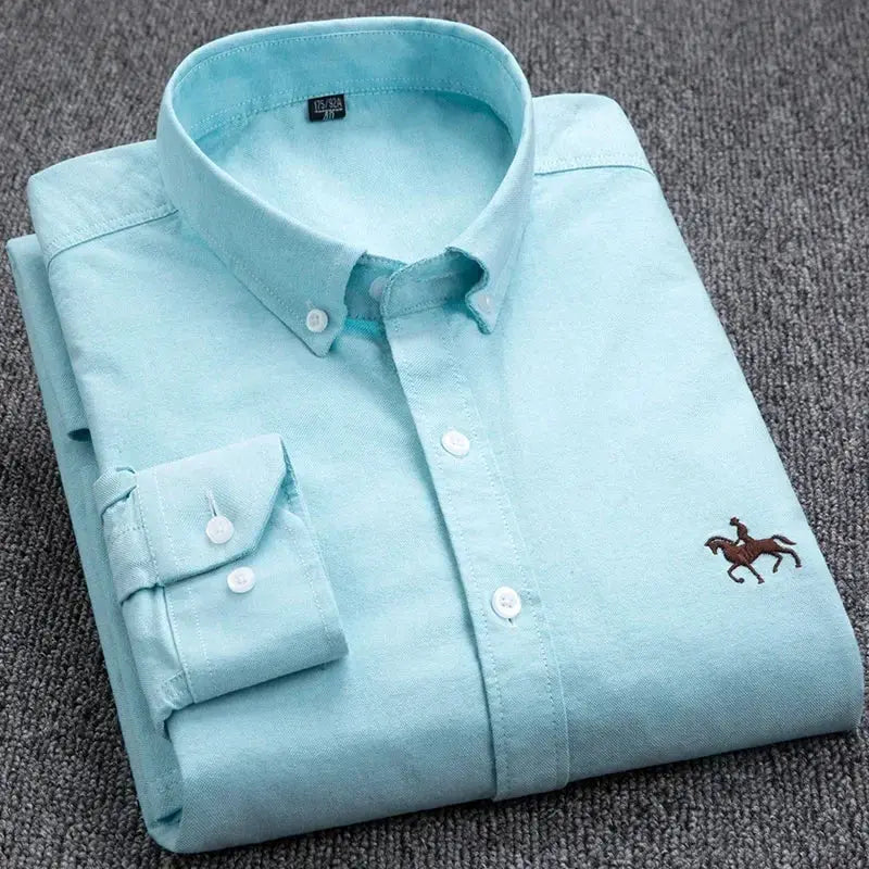 Simples Market turquoise 100% cotton Oxford shirt, long sleeve, slim fit, with small horse logo.