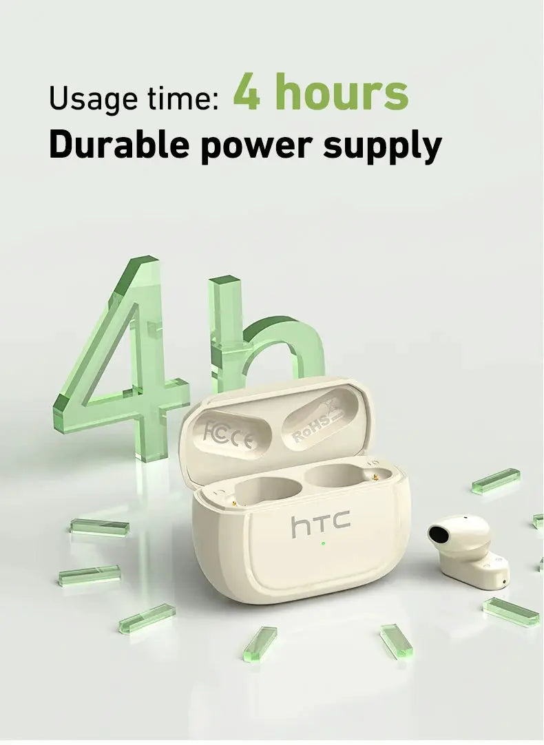HTC NE51 TWS wireless earphones with charging case; white earbuds, green LED, Simples Market.