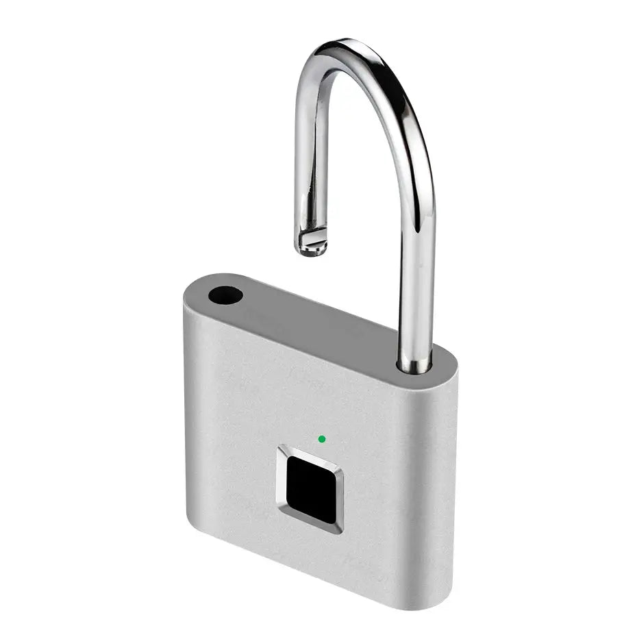 KERUI fingerprint padlock with silver zinc body and U-shaped chrome shackle; green LED indicator and fingerprint scanner