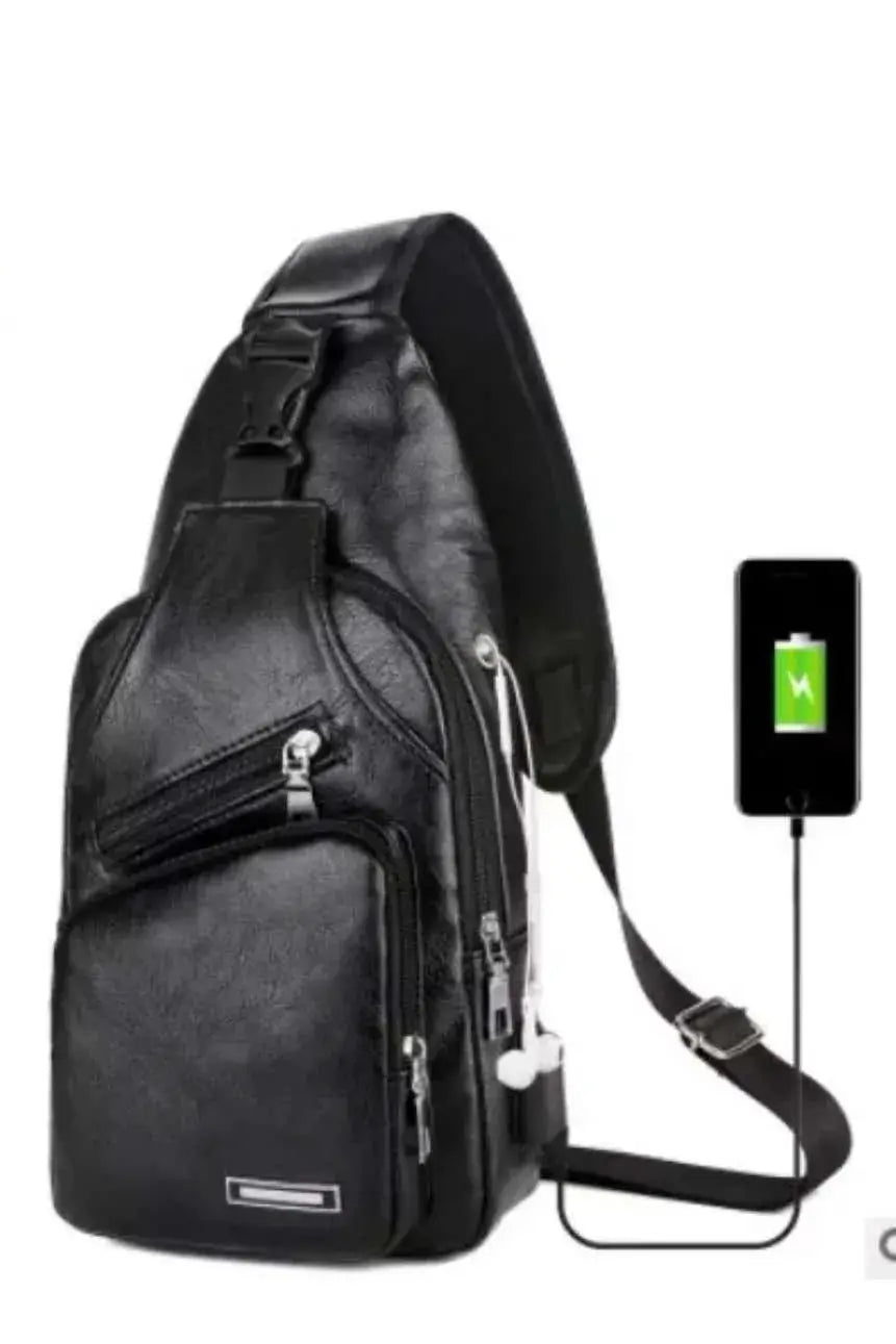 Men's black PU leather crossbody chest bag with USB charging port