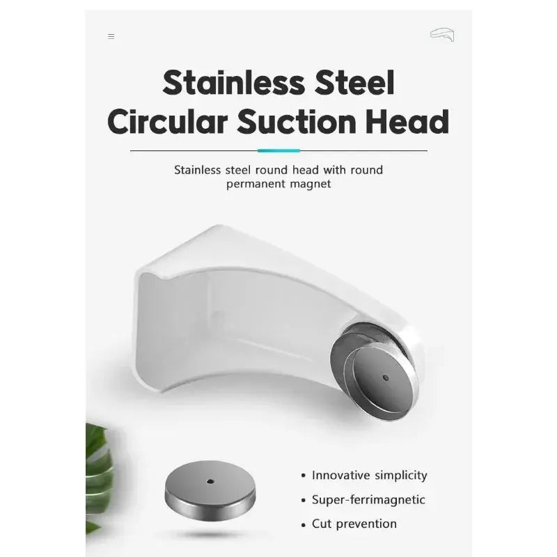 Magnetic soap holder by Simples Market with stainless steel circular suction head on white body.