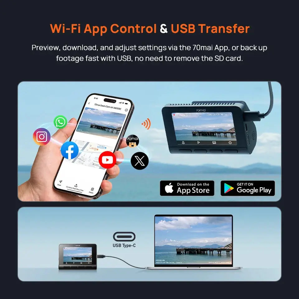70mai 4K Dash Cam A800SE by Simples Market with Wi-Fi app control and USB Type-C transfer