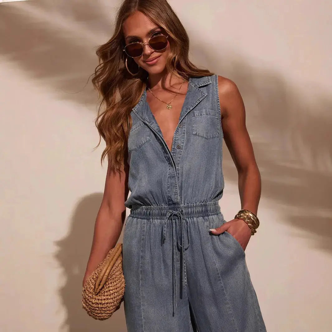 Women sleeveless denim jumpsuit by Simples Market, light-blue romper with drawstring waist and front pockets