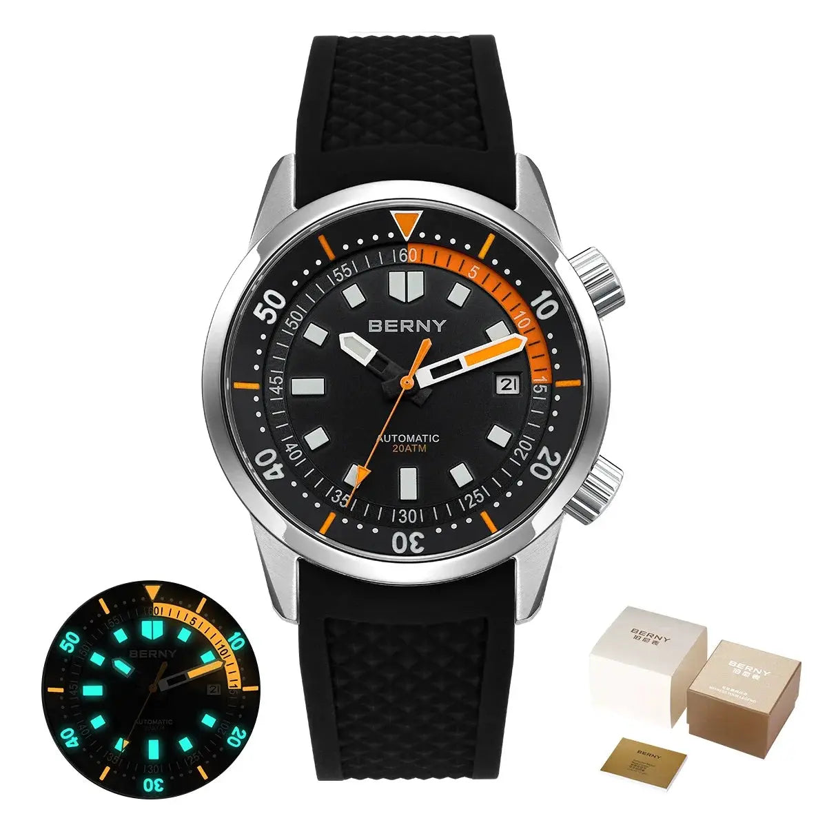 BERNY men's 42mm dive watch with black dial, orange accents, stainless steel case and black silicone strap