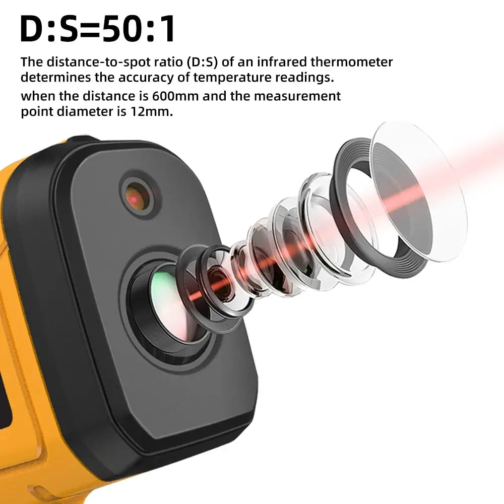 BSIDE infrared thermometer by Simples Market; orange handheld non-contact laser thermometer with exploded lens assembly