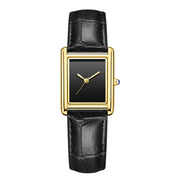 Watch with gold-tone rectangular case, black dial and black leather strap