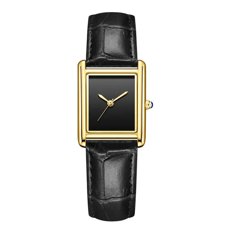 Watch with gold-tone rectangular case, black dial and black leather strap