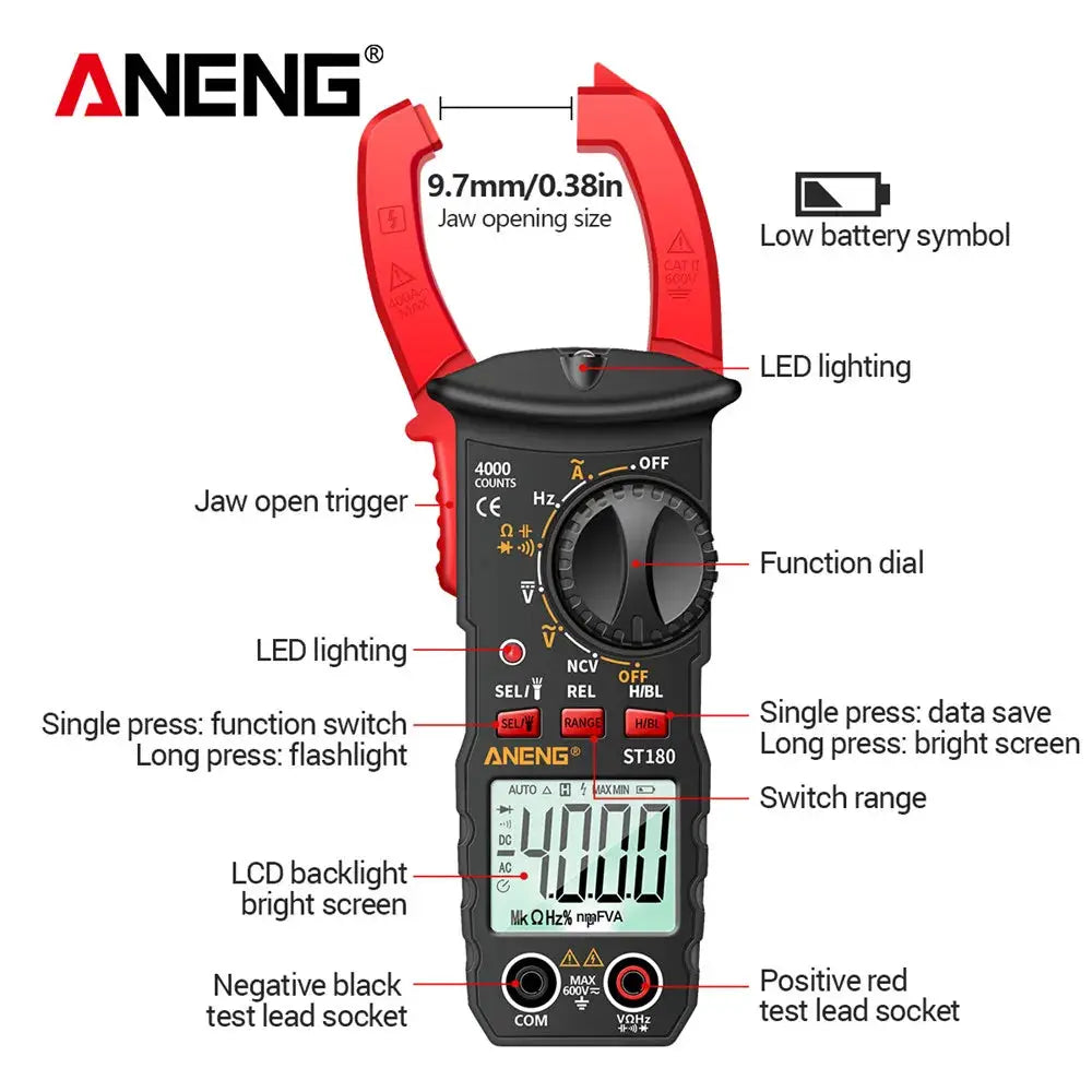 ANENG ST180 AC Current Clamp Meter Digital 4000 Counts Multimeter Capacitance NCV Ohm Ammeter Voltage Tester Car Amp