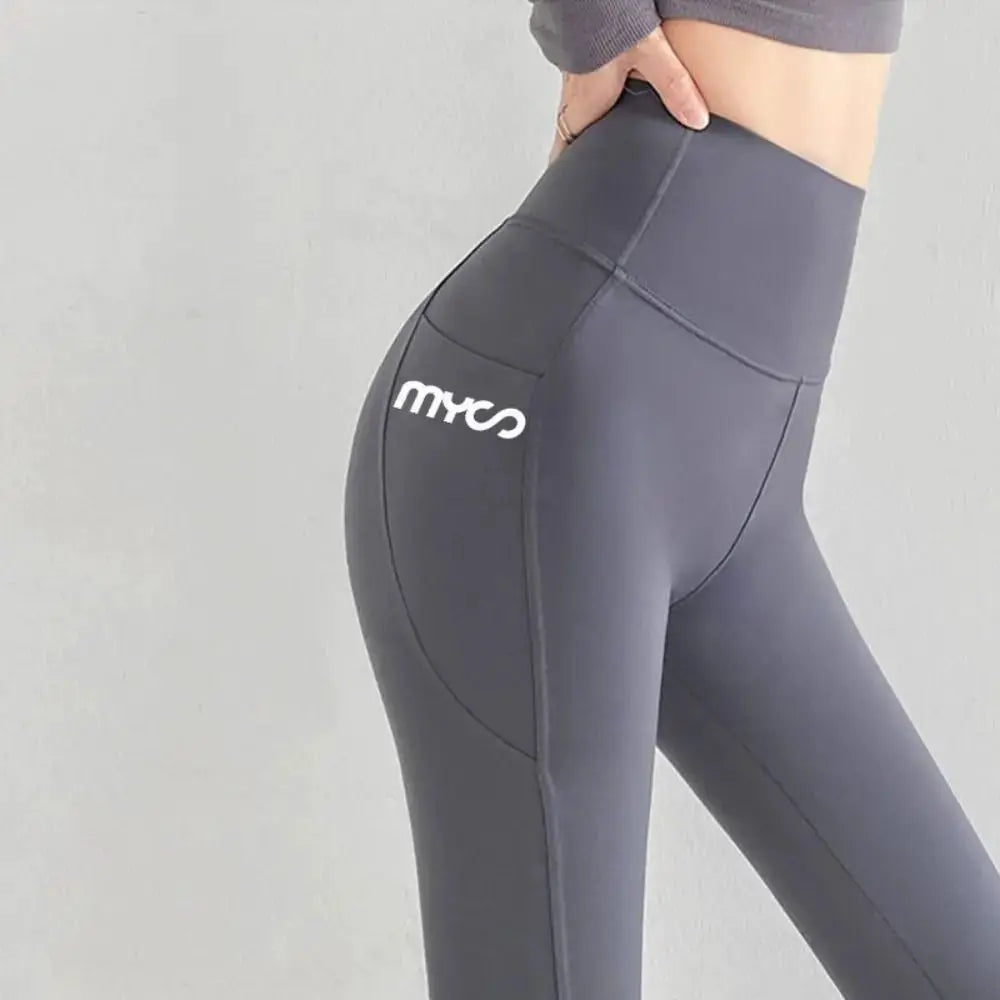 Leggings gray solid seamless with pocket, high-waist workout tights; myco logo on thigh