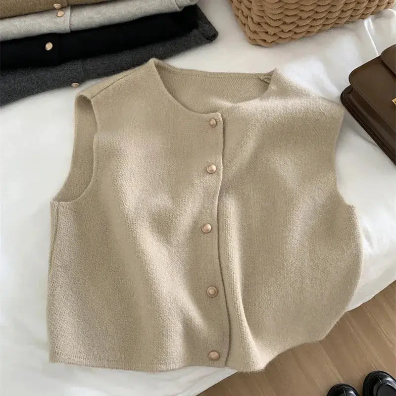 Women Gold Button Up Sweater Vest Waistcoat Soft Knitted Sleeveless Cardigan Jacket Top For Fall Winter Korean Chic Outfit