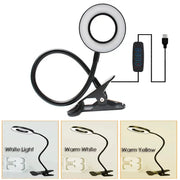 Simples Market LED Ring Clamp Lamp with USB, 360° gooseneck, clamp base; 3 color temps (white, warm white, warm yellow)