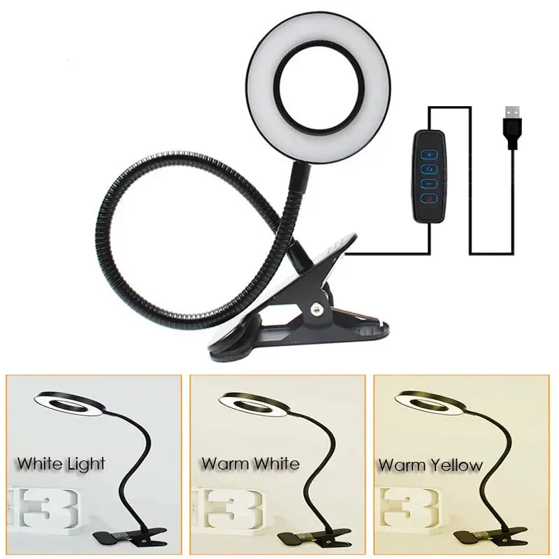 Simples Market LED Ring Clamp Lamp with USB, 360° gooseneck, clamp base; 3 color temps (white, warm white, warm yellow)