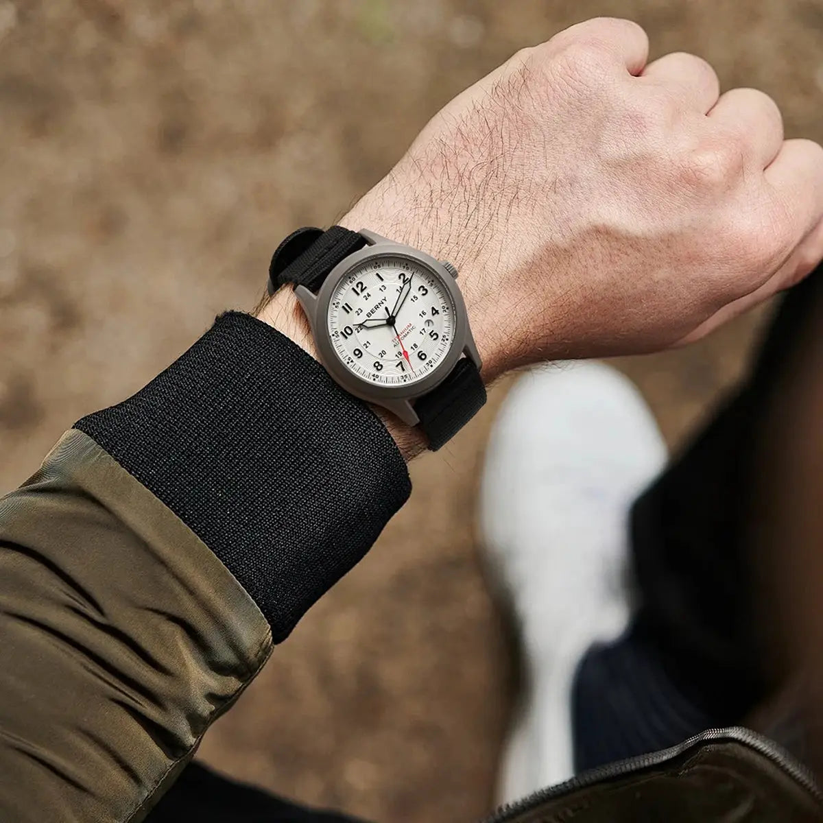 BERNY automatic titanium field watch on black strap with white dial and bold numerals
