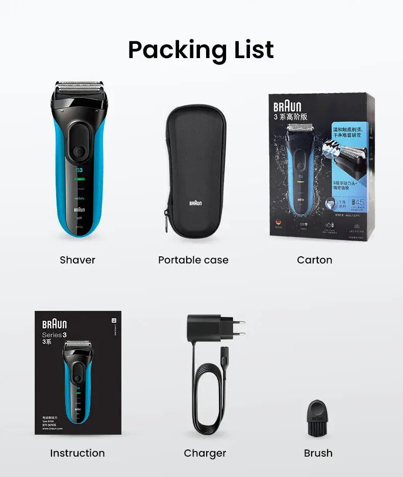 Braun Series 3 ProSkin 3040S electric shaver in blue; 6-piece packing list with case, carton, manual, charger, brush