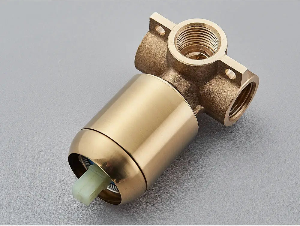 Brass bathroom mixer valve with concealed body and green connector; Simples Market.