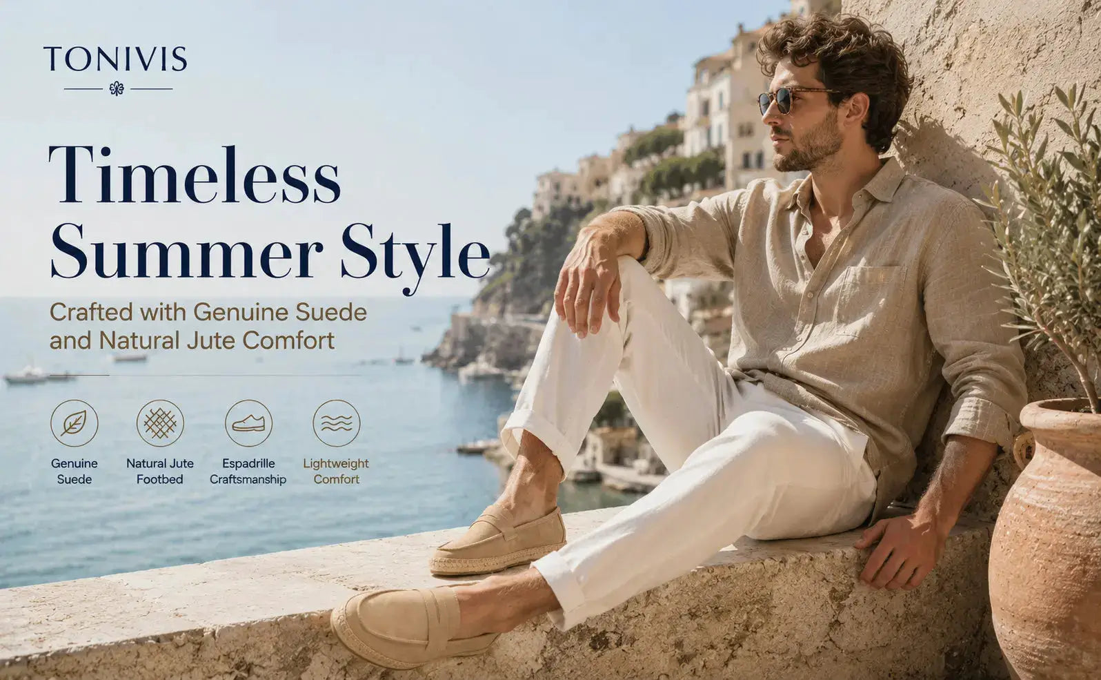 Men's jute espadrilles slip-on loafers in tan suede leather with natural jute sole