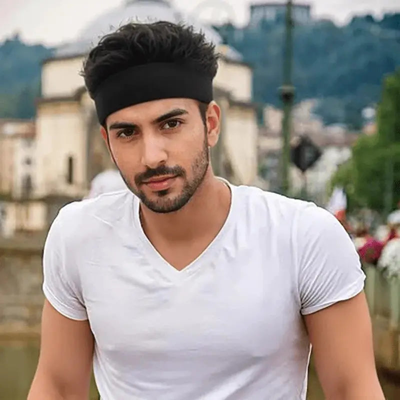 Hip-hop style decorative cap wig knitted cap, black headband worn by man in white tee