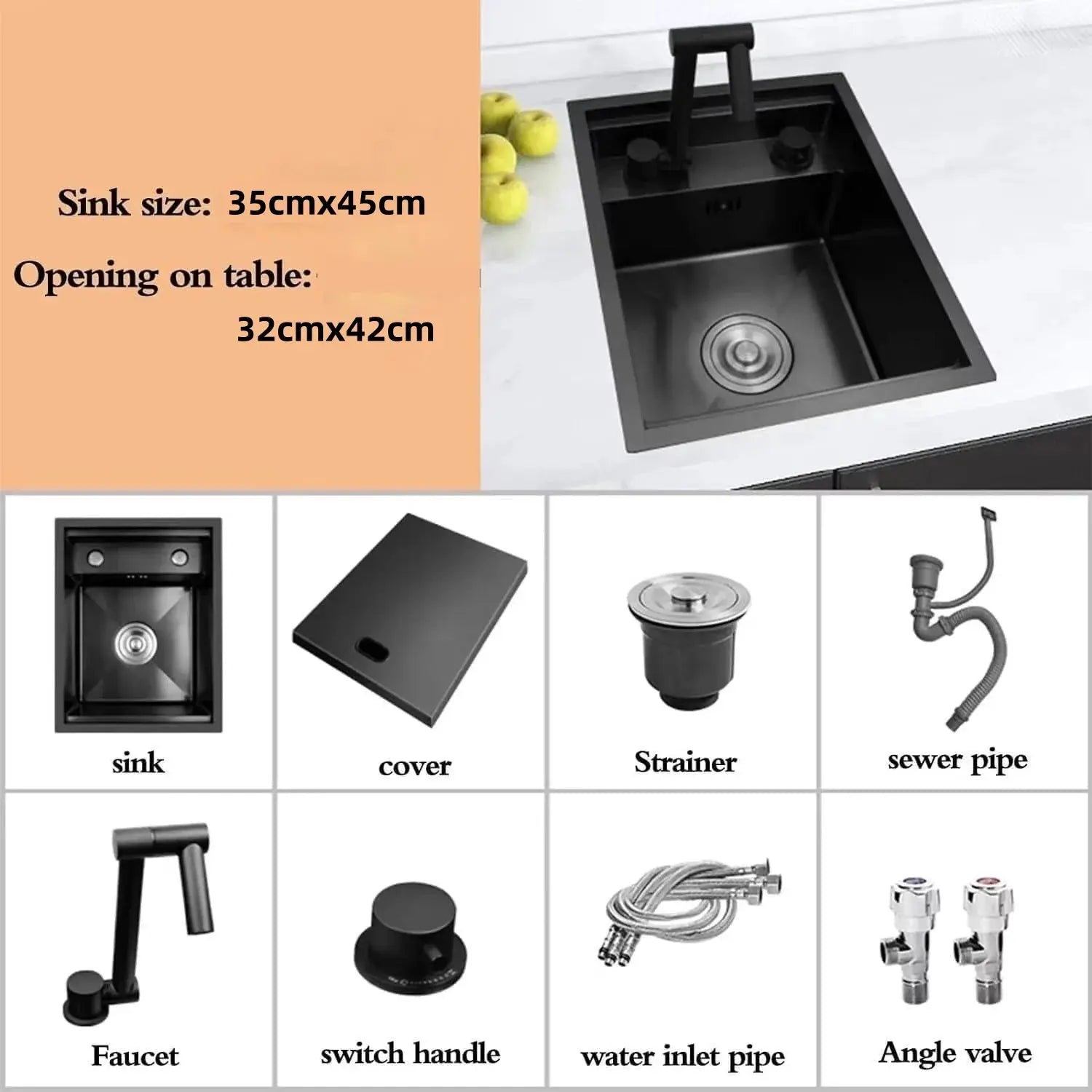 Simples Market black 304 stainless steel bar sink with lid; 9-piece kit including sink, lid, strainer and pipes