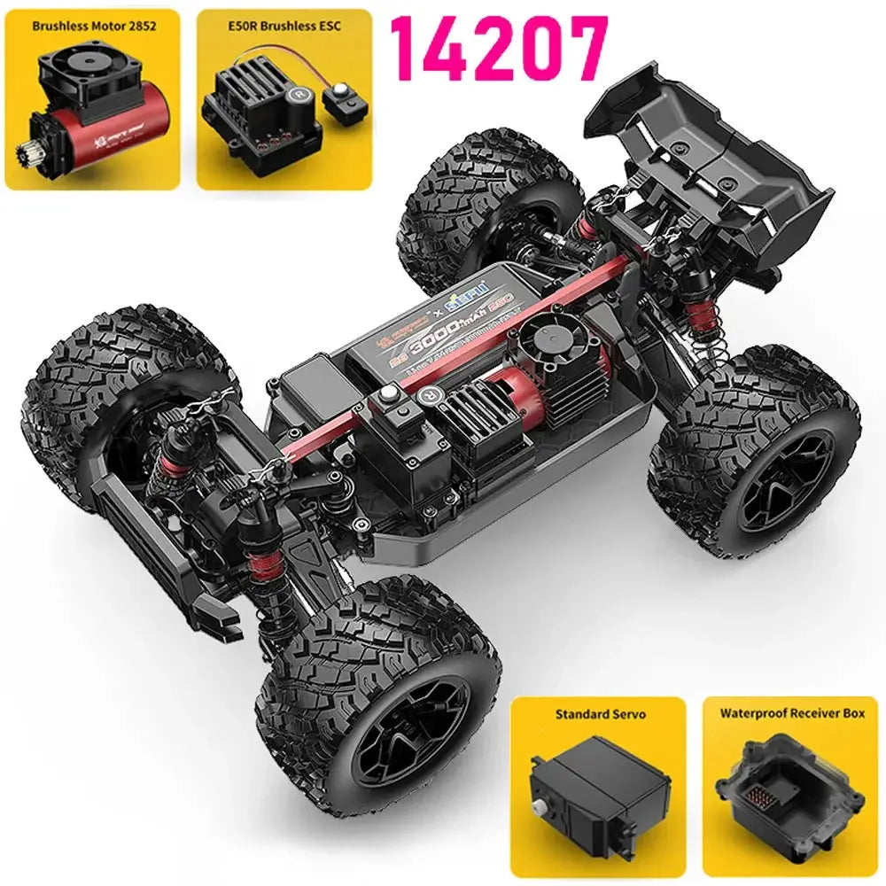 HYPER GO MJX 1/14 RC car, brushless 4WD off-road with black/red chassis
