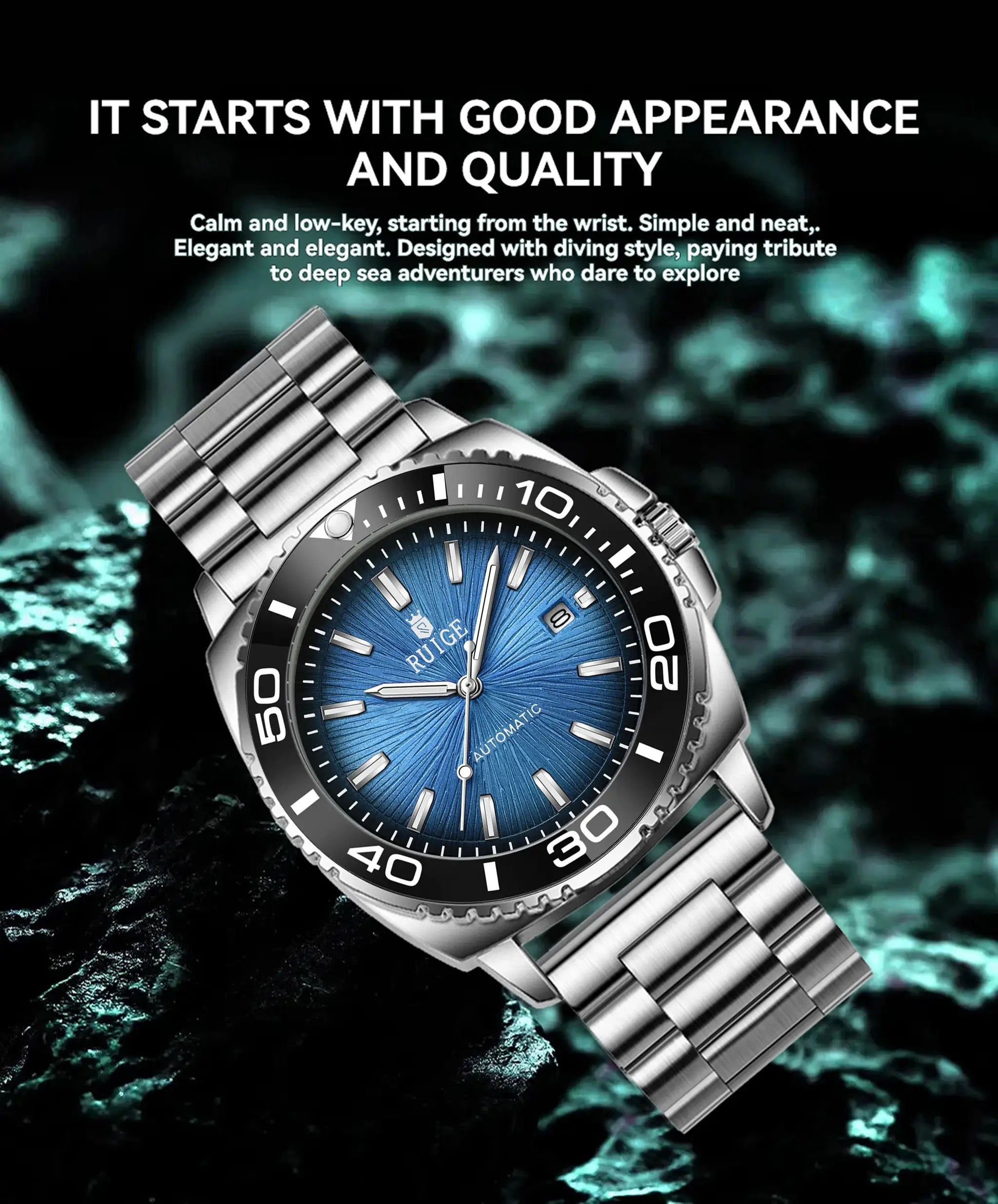 RUIGE men's stainless steel automatic wristwatch with blue dial and calendar date