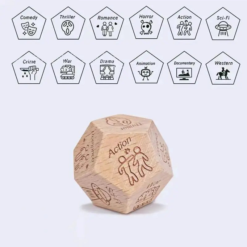 Wooden 20-sided dice for couples by Simples Market with action icon, natural finish