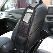 Car seat back hanging bag in black Oxford cloth with mesh pockets and headrest strap