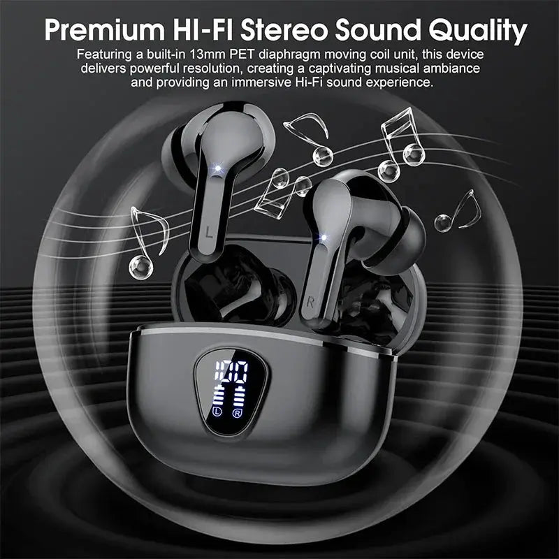 Wireless earbuds pair in black charging case with LED display BT5.3 HiFi