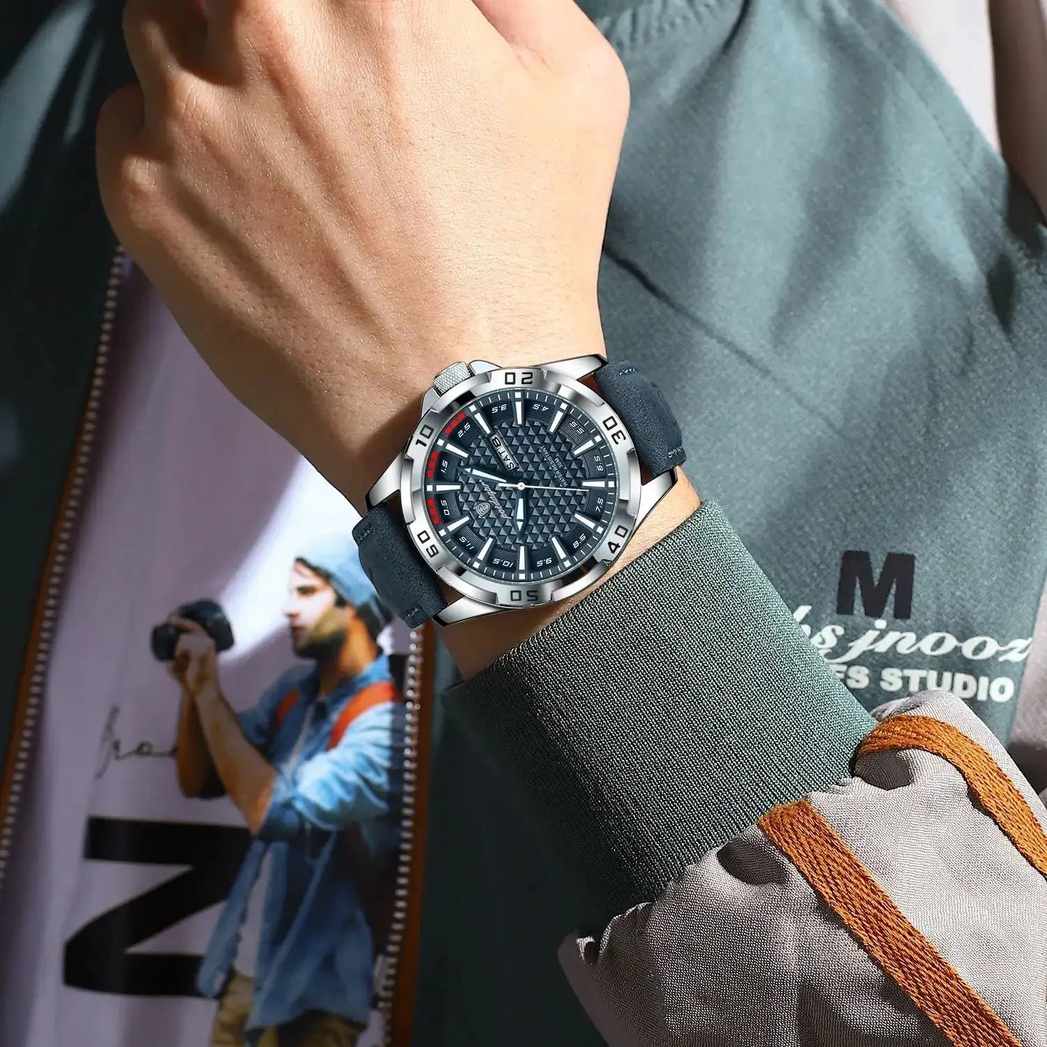 POEDAGAR men's wristwatch with a blue textured dial, stainless steel case and navy leather strap