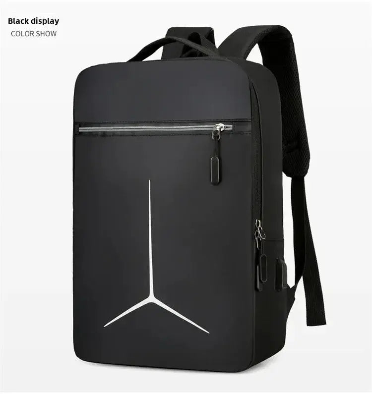 Backpack in black with anti-theft design, white three-prong logo, front zip pocket.