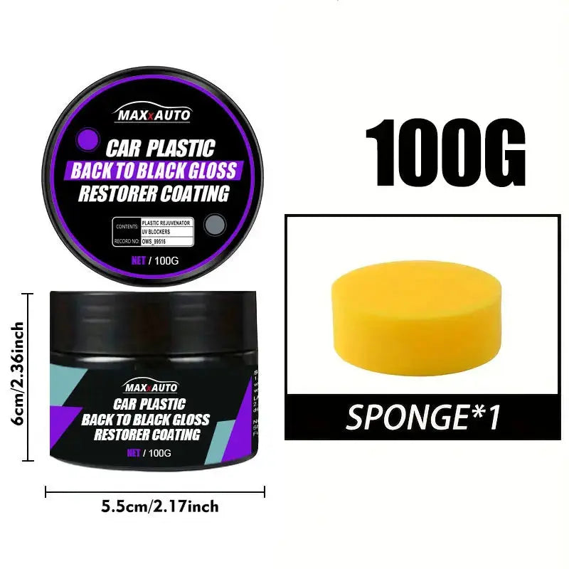 Car plastic back-to-black gloss restorer coating kit, 100g jar with yellow sponge, Simples Market