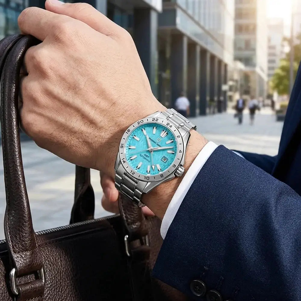 Pagani Design GMT stainless steel men's watch with turquoise dial and 24-hour bezel