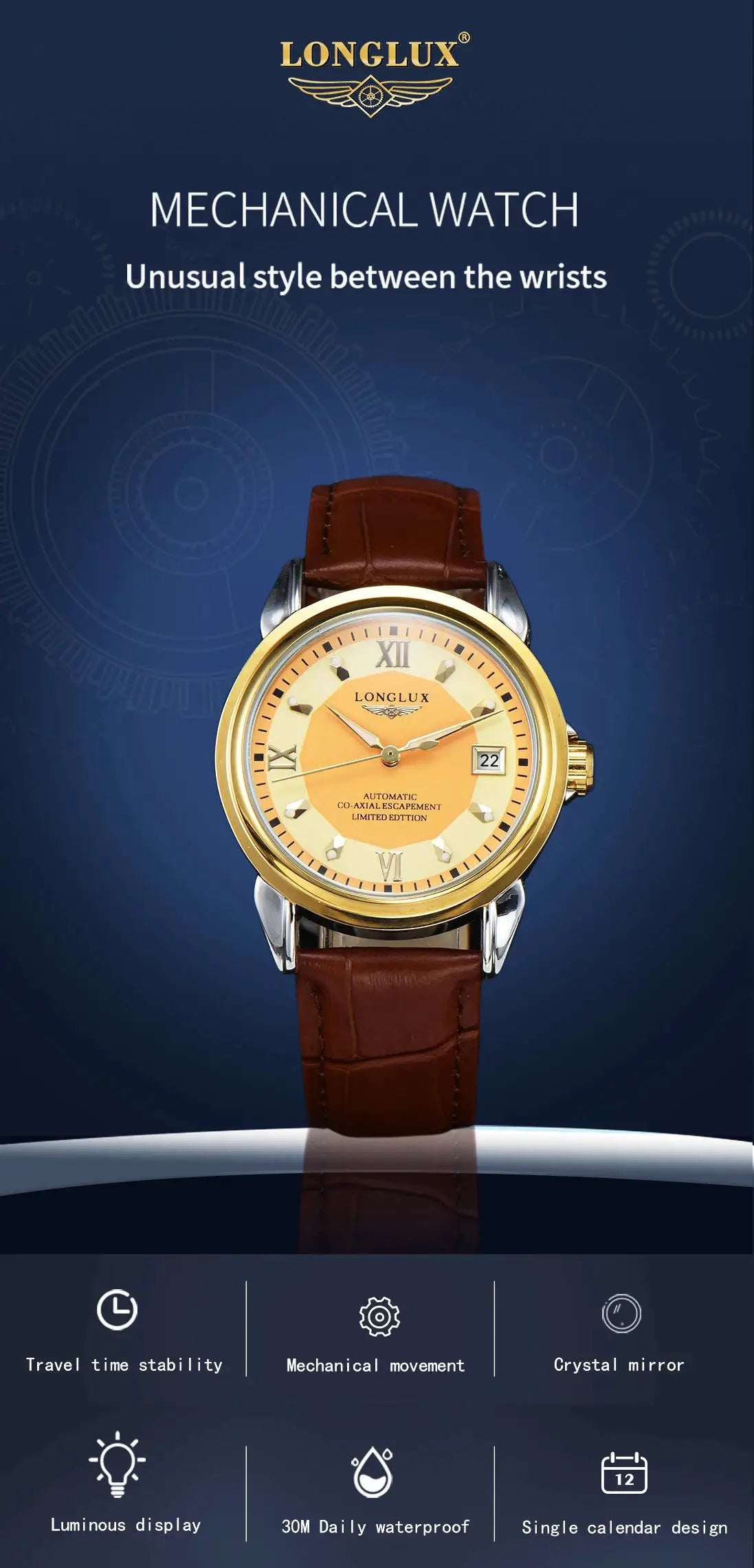 LONGLUX automatic men's watch with gold bezel, orange dial, brown leather strap, date window