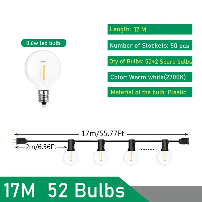 Dual Voltage 110V 220V Outdoor LED G40 Festoon Fairy String Lights For Patio Garden Wedding Street Party Decoration