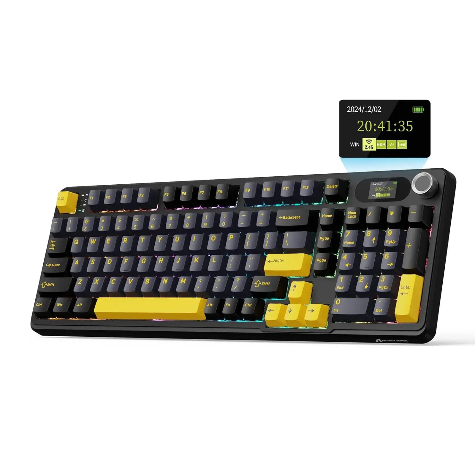 ATTACK SHARK X98Pro wireless mechanical keyboard with screen and knob, black with yellow keycaps, RGB.