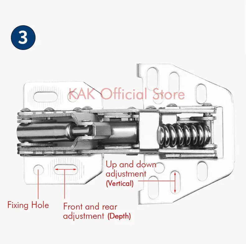 KAK hydraulic cabinet hinge with soft-close damper, metal for kitchen and RV/camper doors.