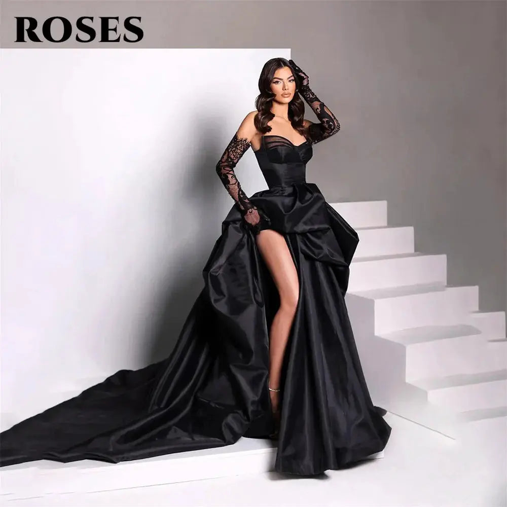 A Line Black Prom Dress Satin Sweetheart Neckline Sleeveless Pleated
