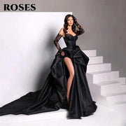 A Line Black Prom Dress Satin Sweetheart Neckline Sleeveless Pleated