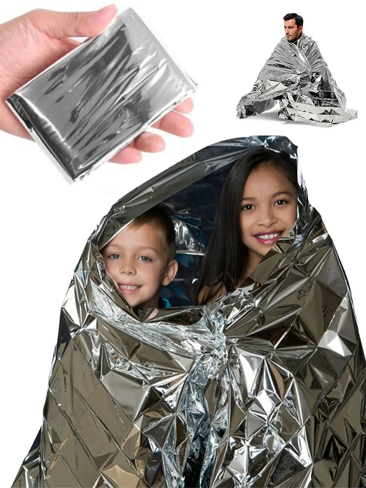 Simples Market emergency Mylar blanket; silver reflective heat-retaining wrap for outdoor survival (two people).