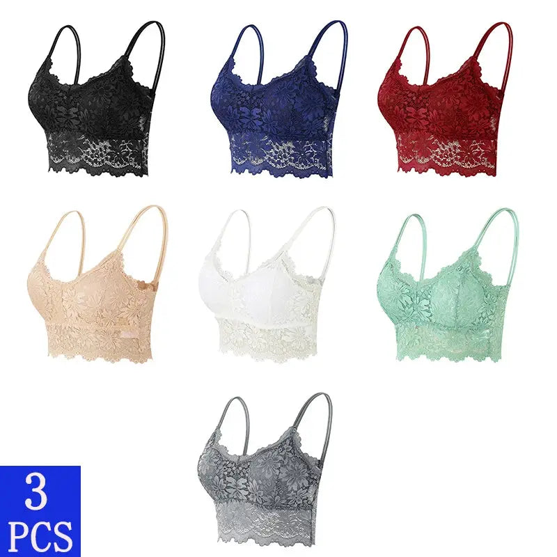 3-piece Simples Market lace bralette set in assorted colors, wireless with scalloped lace trim